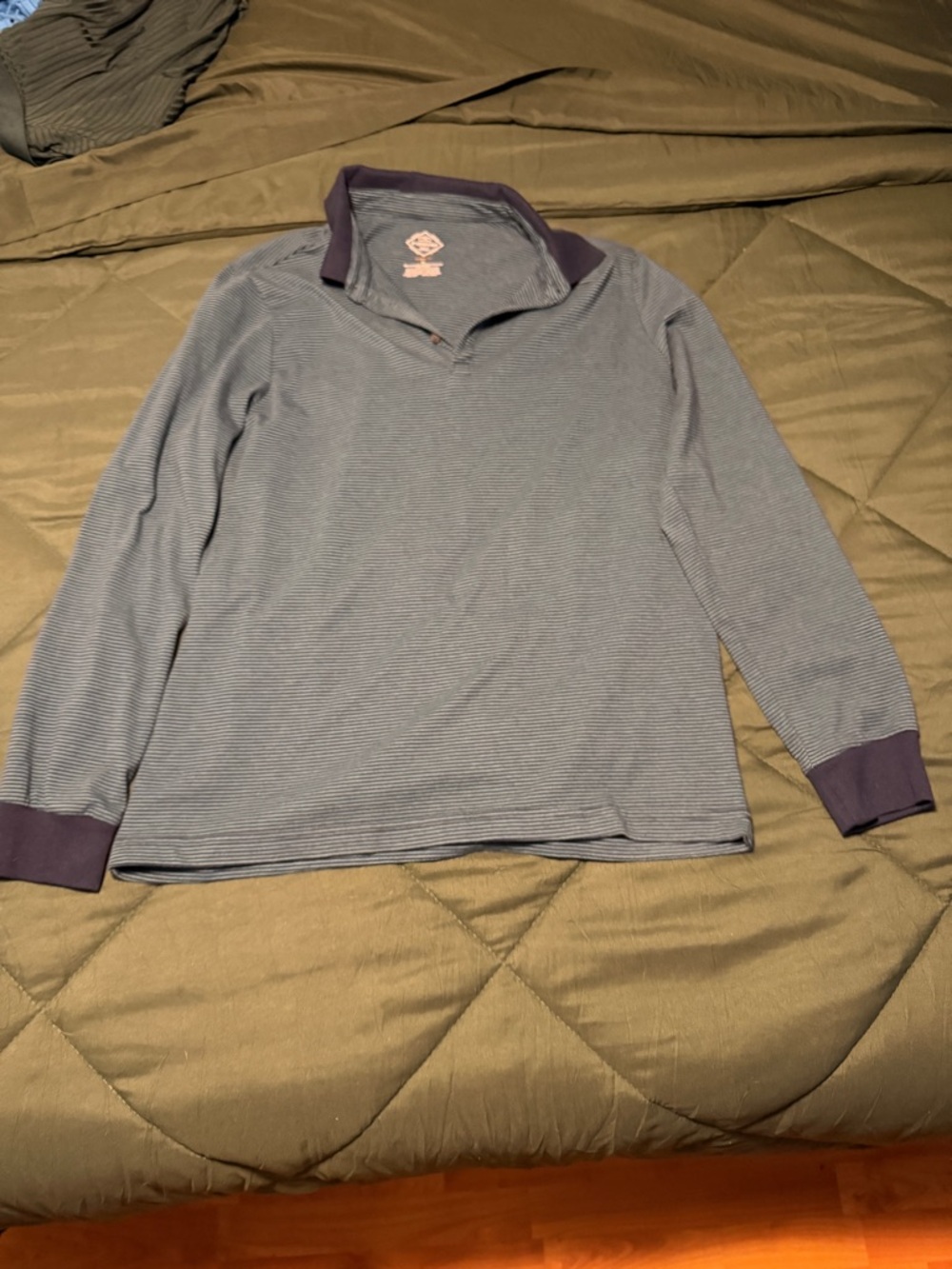 St. John Bay green and white Striped Long Sleeve Polo with Contrast Collar